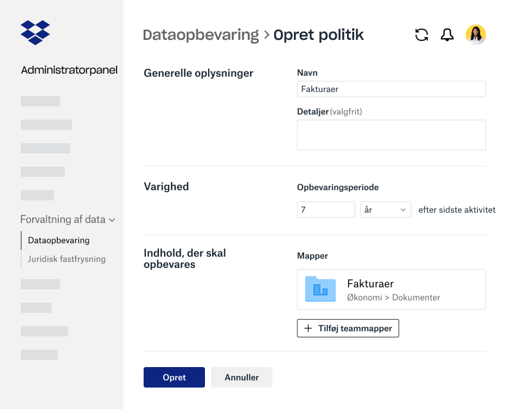 Felter i formular til oprettelse af politik for datalagring i administratorpanelet i Dropbox Business