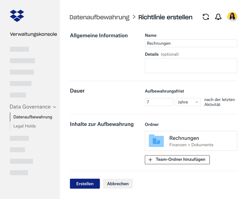 Formularfelder für das Erstellen einer Datenaufbewahrungsrichtlinie innerhalb der Dropbox Business-Verwaltungskonsole