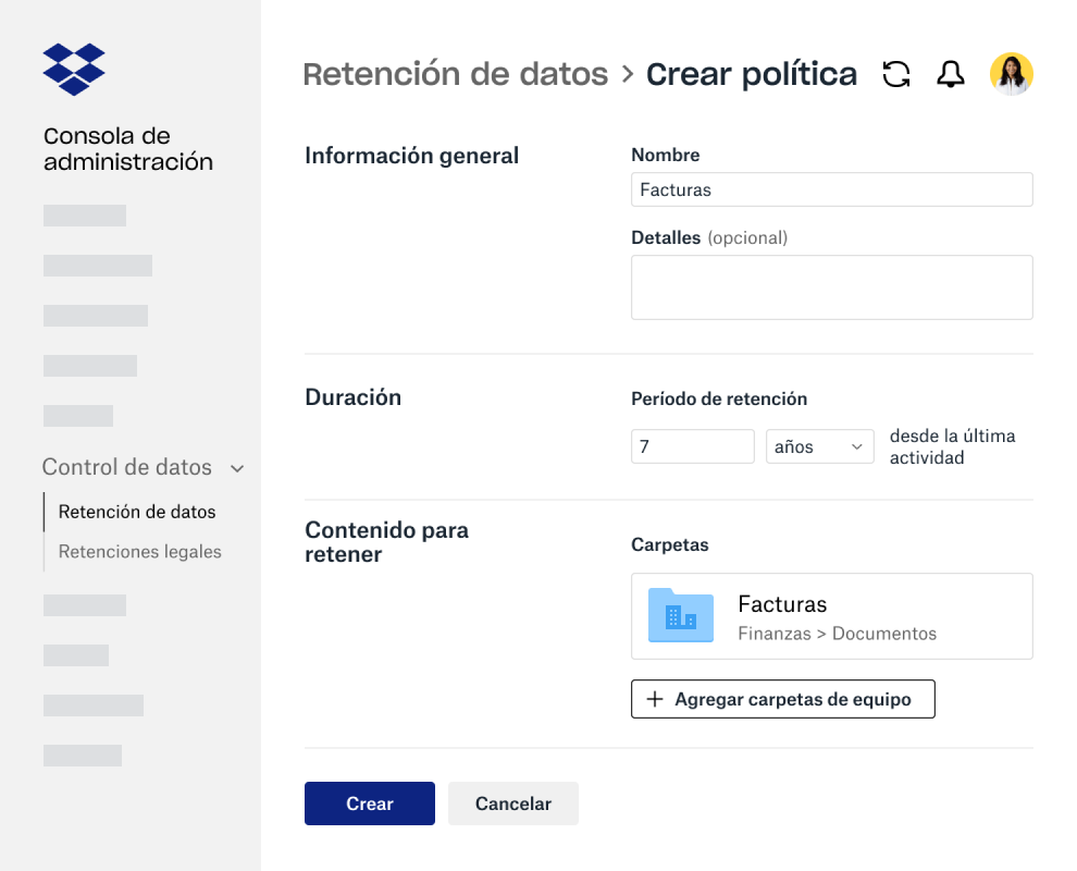 Diseña campos para crear una política de retención de datos dentro de la consola de administración de Dropbox Business