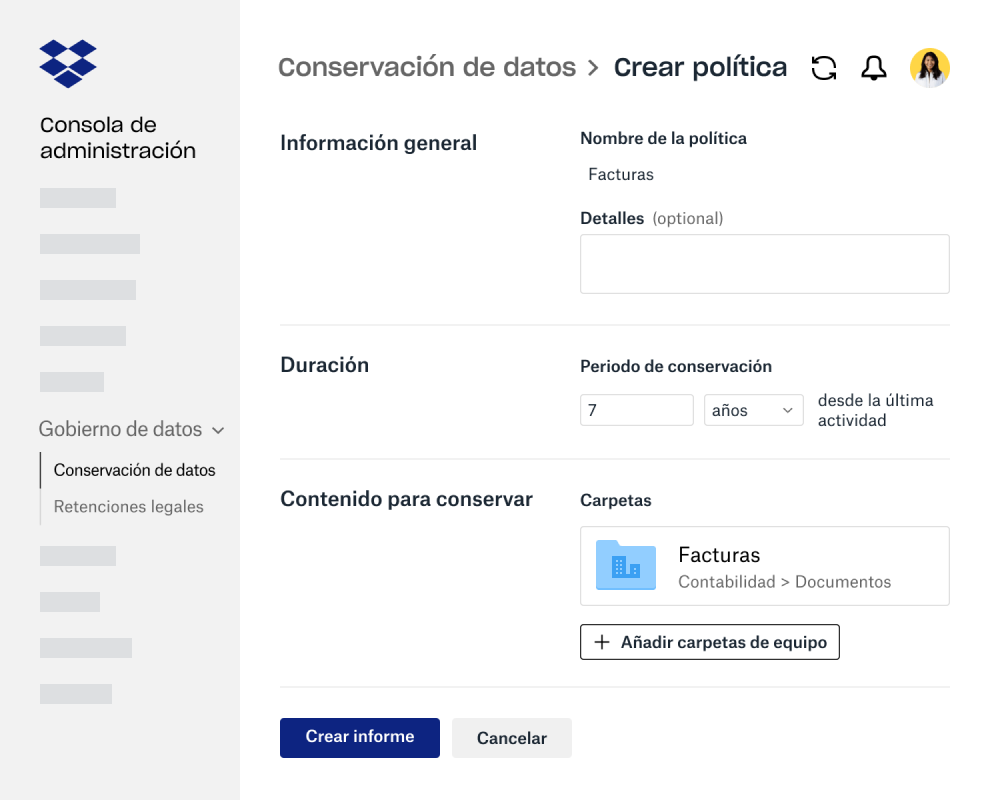 Campos de formulario para crear una política de retención de datos en la consola de administración de Dropbox Business