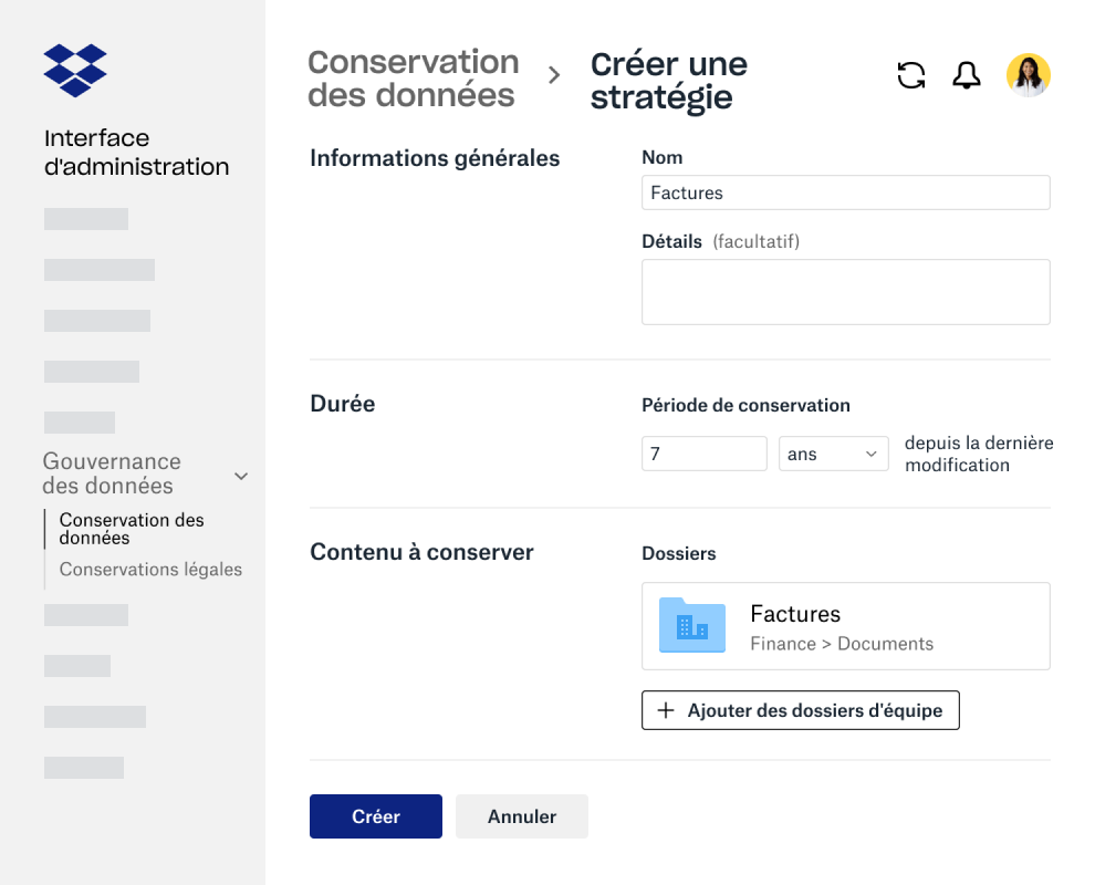 Champs de formulaire pour la création d'une règle de conservation des données dans l'interface d'administration Dropbox Business