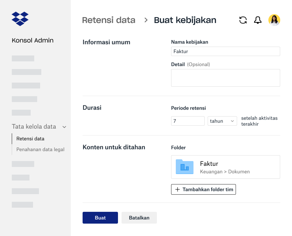 Kolom formulir untuk membuat kebijakan retensi data di Konsol Admin Dropbox Business