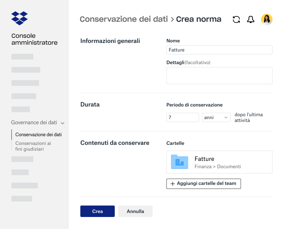 Campi del modulo per creare criteri di conservazione dei dati nella Console amministratore di Dropbox Business