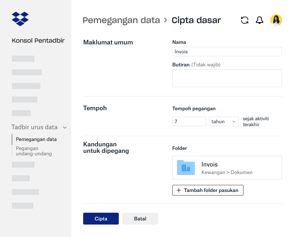 Medan borang untuk mencipta dasar pengekalan data dalam Konsol Pentadbir Dropbox Business