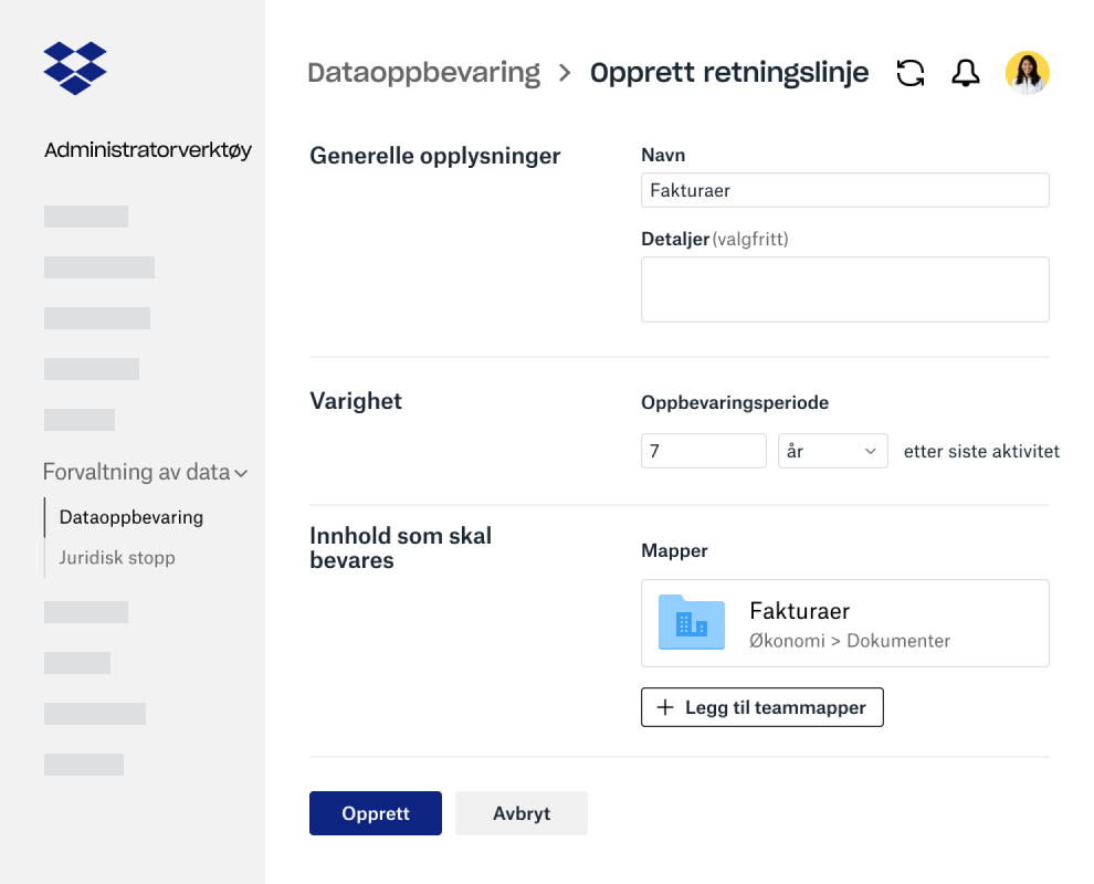 Skjemafelt for å opprette retningslinjer for dataoppbevaring i administratorverktøyet for Dropbox Business