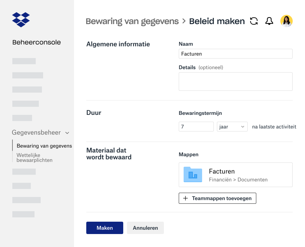 Velden voor het aanmaken van een beleid voor gegevensbewaring in de beheerconsole van Dropbox Business