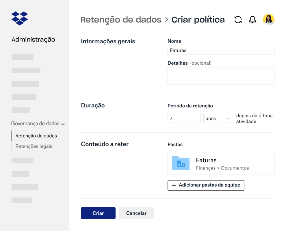 Campos de formulário para criar política de retenção de dados na Administração do Dropbox Business