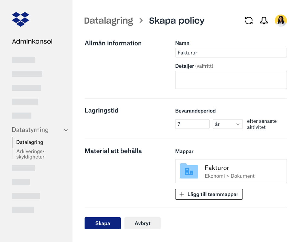 Formulärsfält för att skapa en datalagringspolicy i Dropbox Business-adminkonsolen