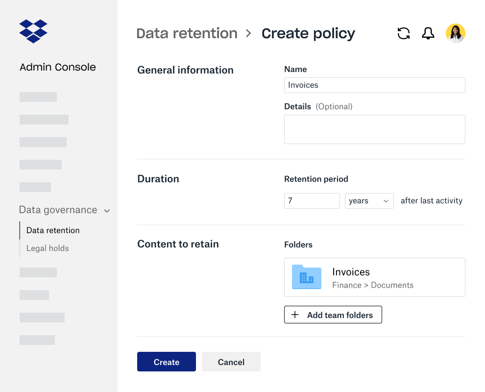 Form fields for creating data retention policy within the Dropbox Business Admin Console
