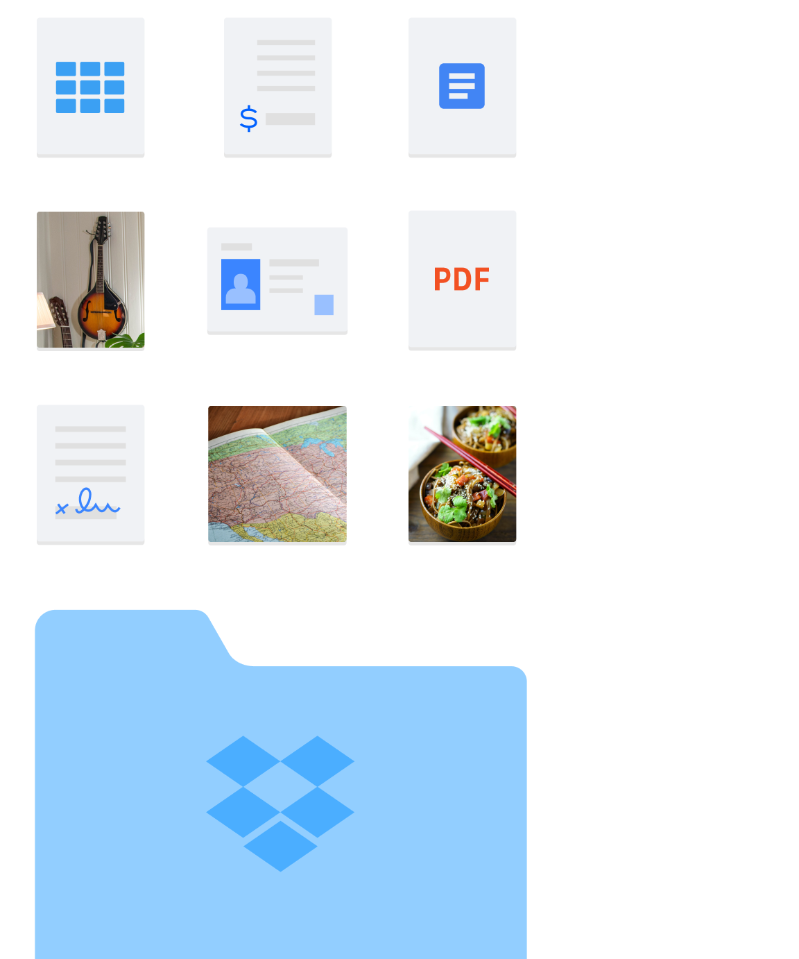 Grafika przedstawiająca różne rodzaje folderów i plików, takich jak obrazy i dokumenty umieszczone w Dropbox.