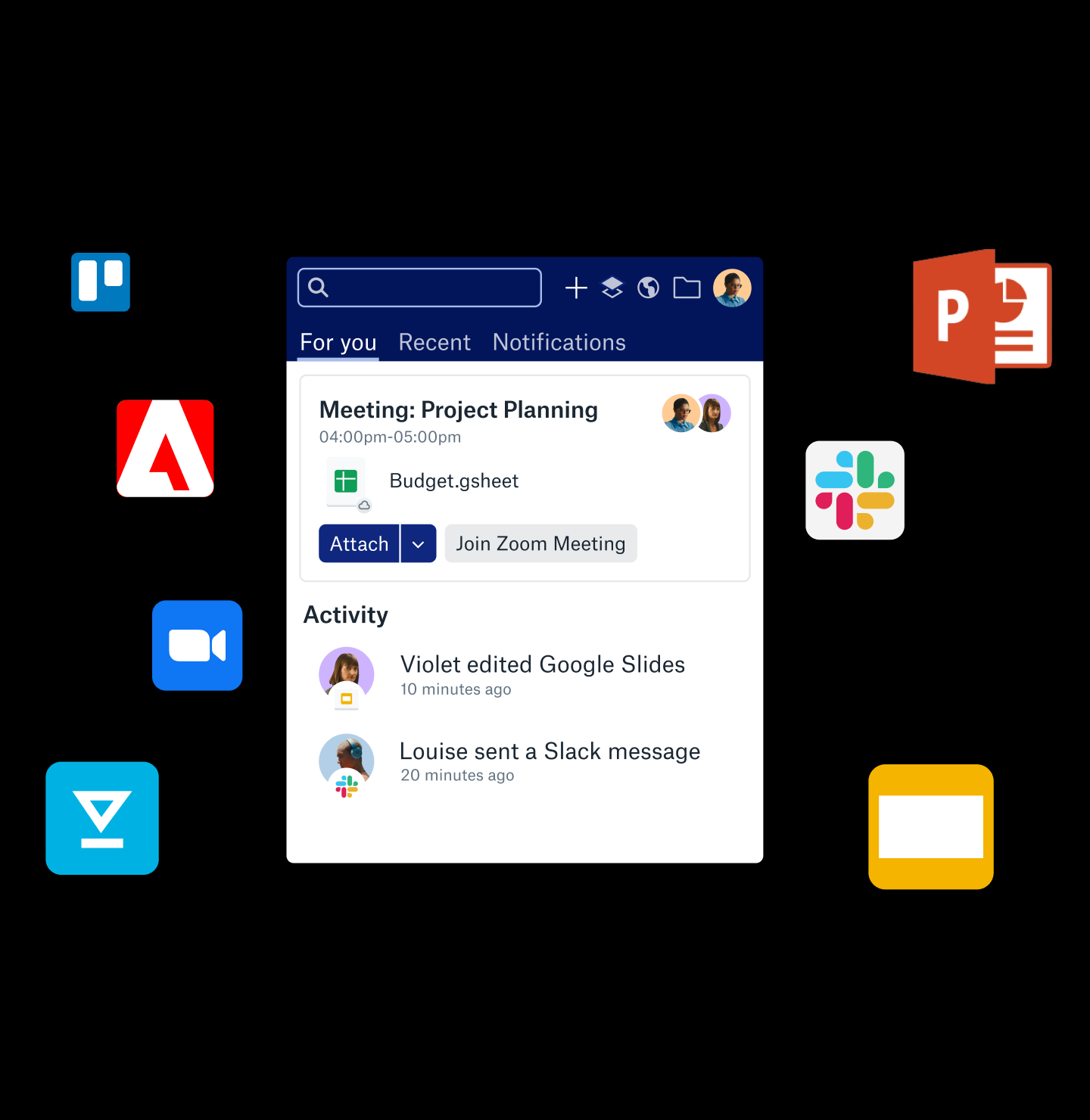 Various app and tool icons around Dropbox Assistant Tray.