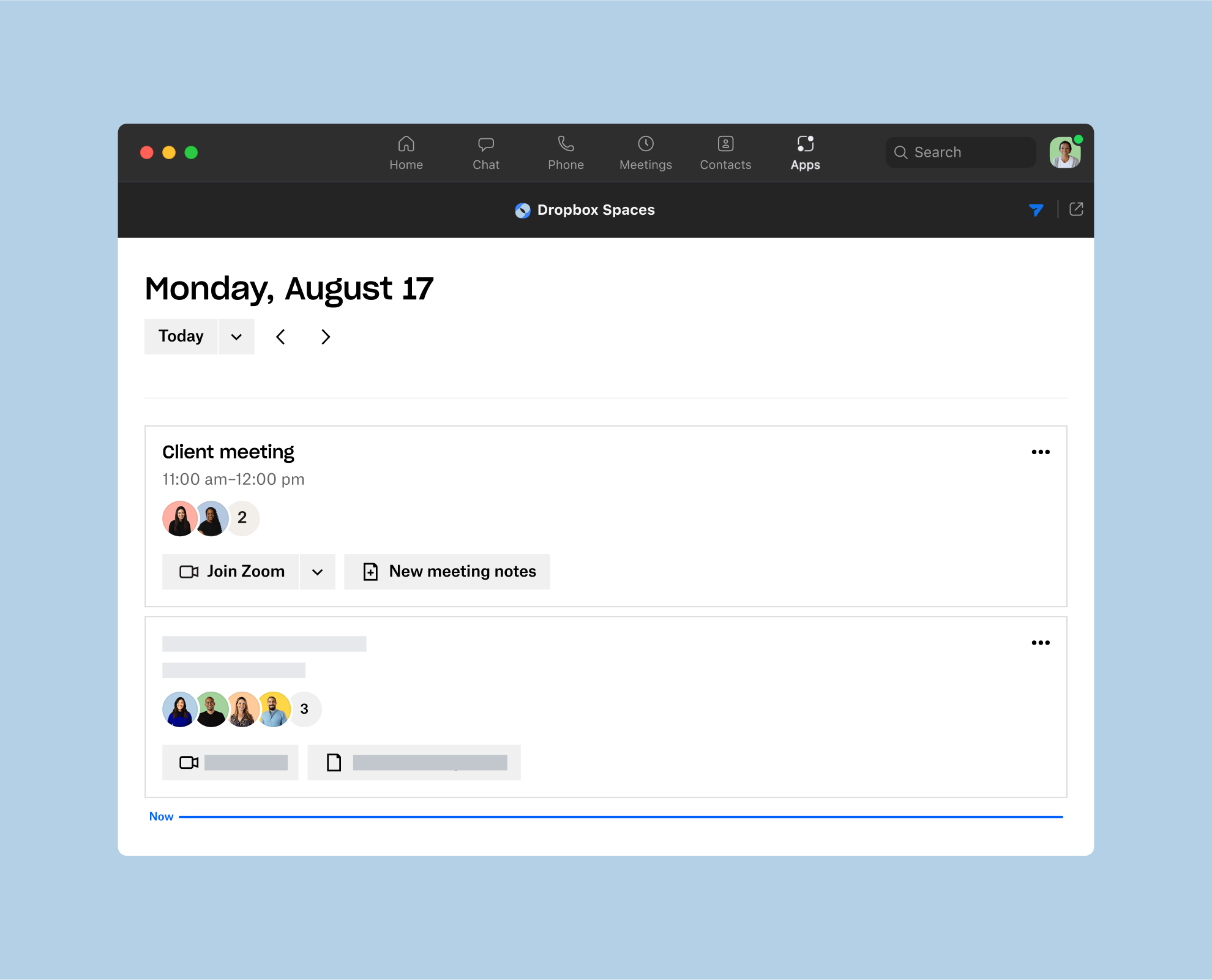 An image that shows how to view your schedule for the day with quick access to meeting notes.