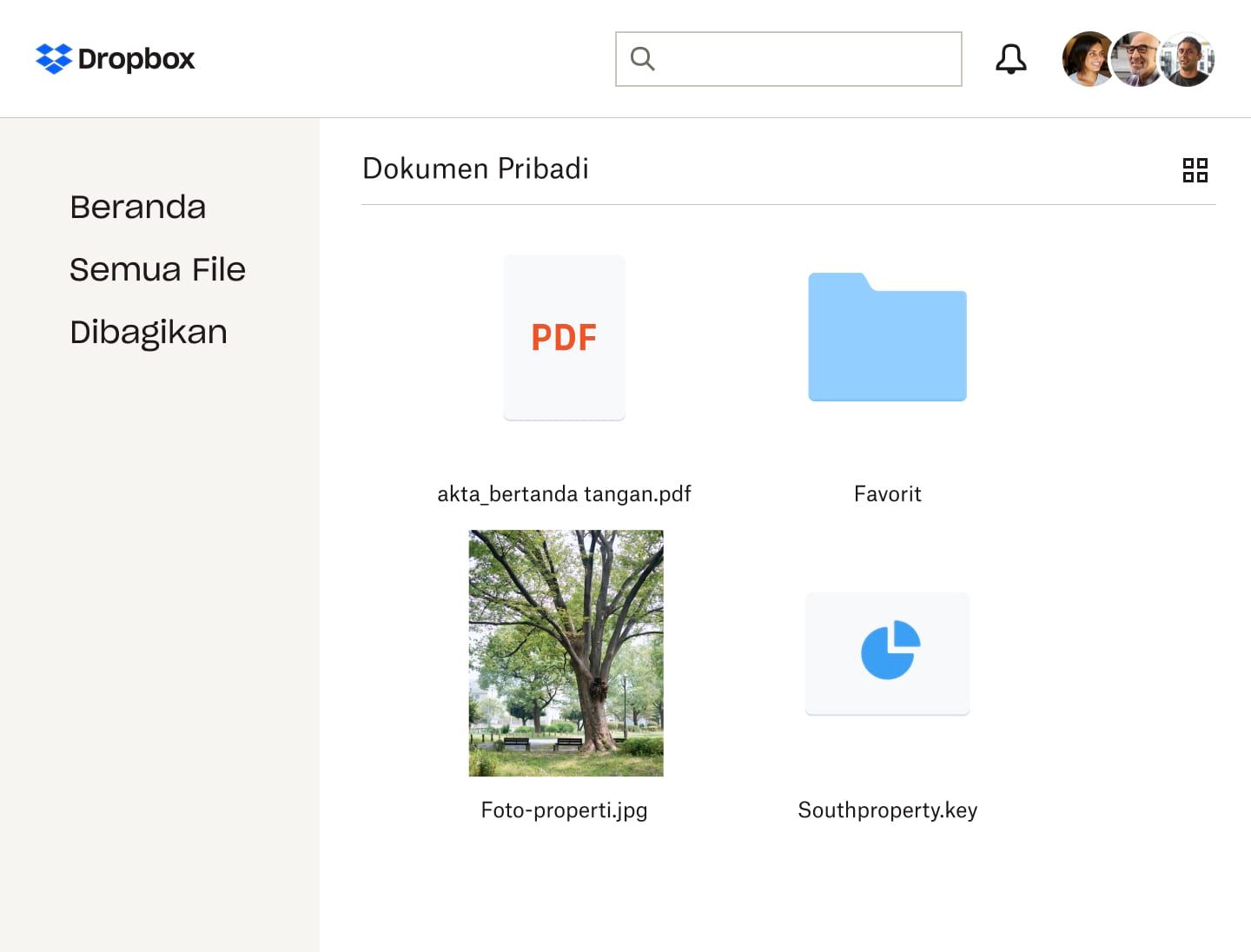 Foto dan berbagai file untuk akta properti di folder Dropbox bersama