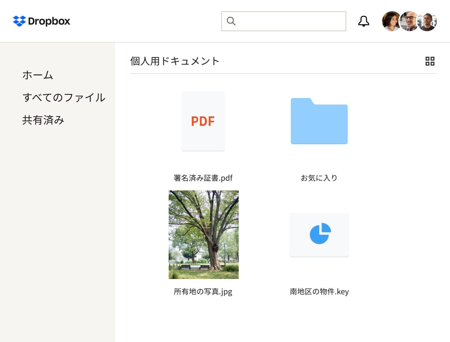 Dropbox の共有フォルダ内の保管内容を表す写真やさまざまなファイル