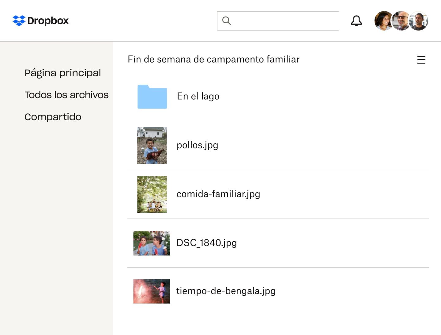 Diversas fotos en una carpeta compartida de Dropbox Family
