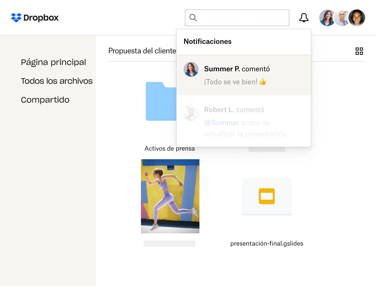 Alerta de notificaciones para una propuesta de cliente en una carpeta de Dropbox