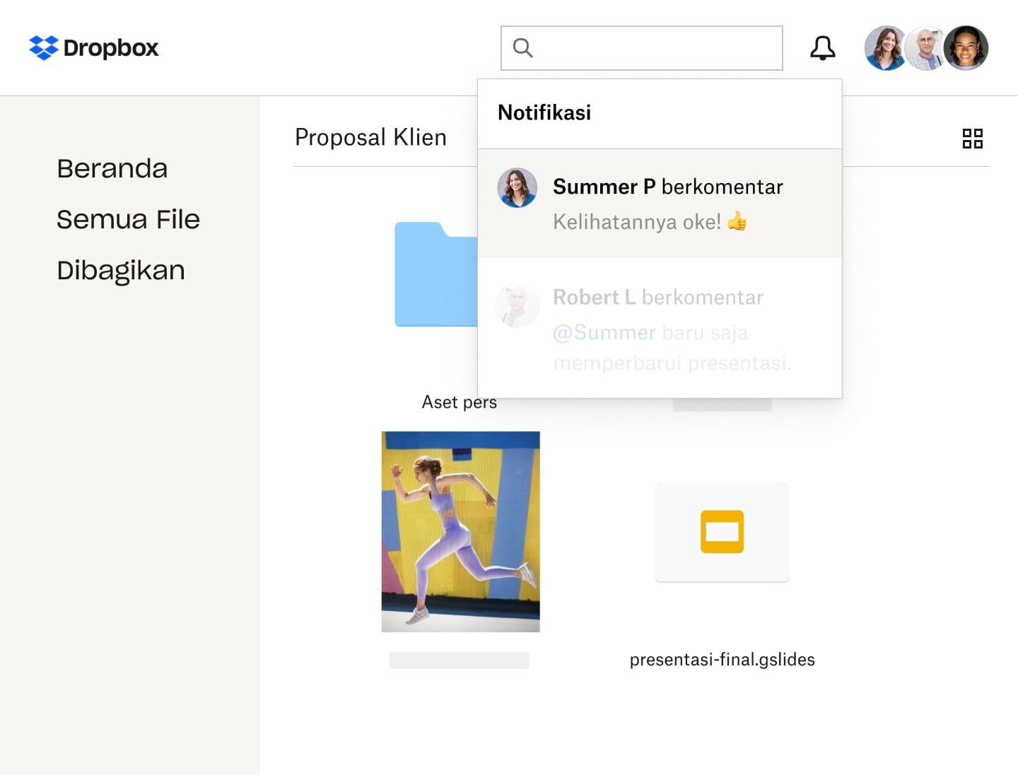 Peringatan notifikasi untuk proposal klien di folder Dropbox