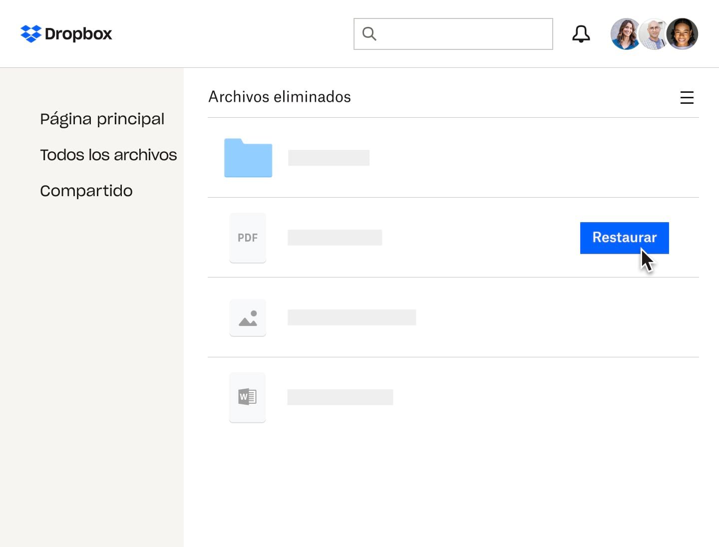 Usuario restaurando un PDF eliminado en Dropbox
