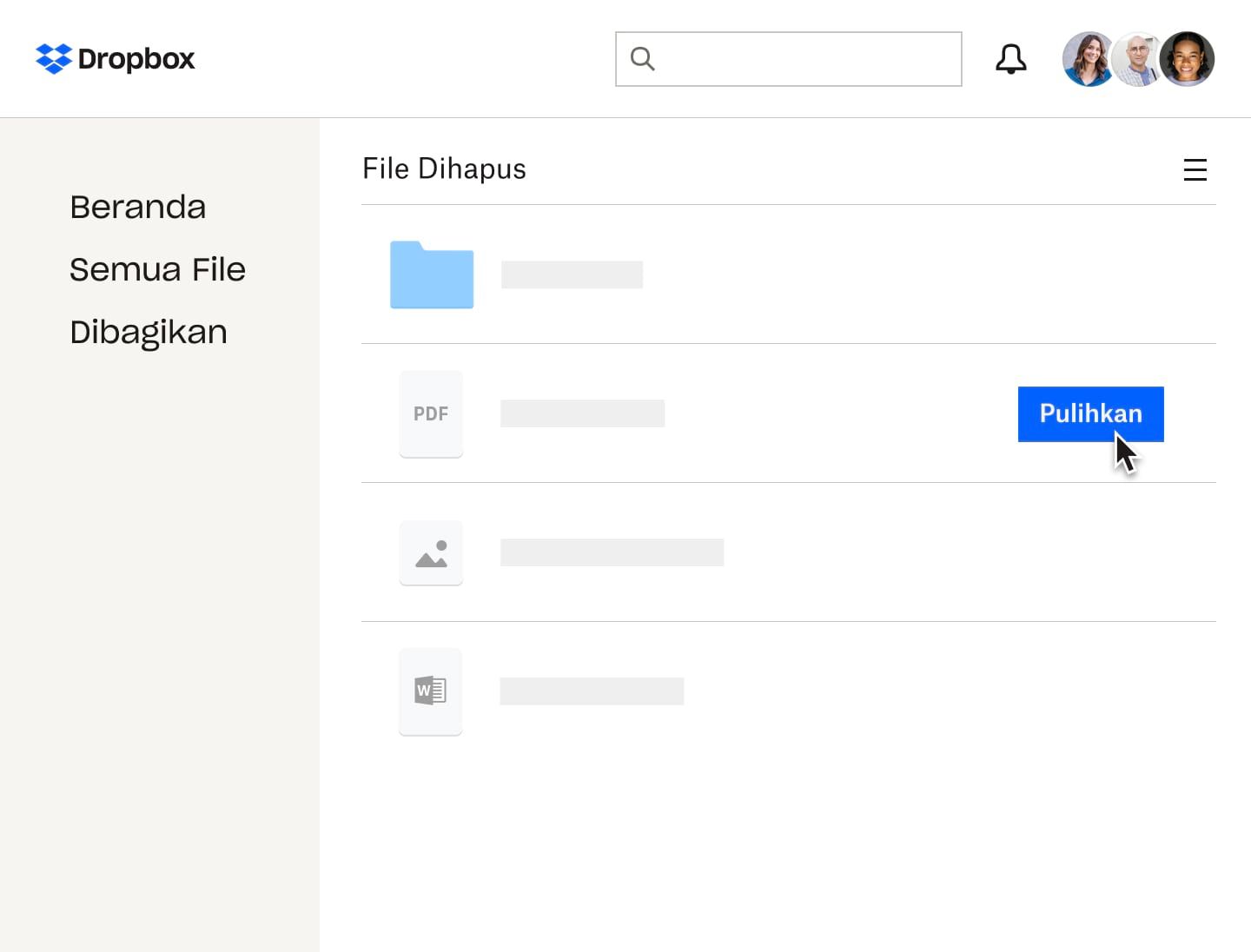 Pengguna memulihkan PDF yang dihapus di Dropbox