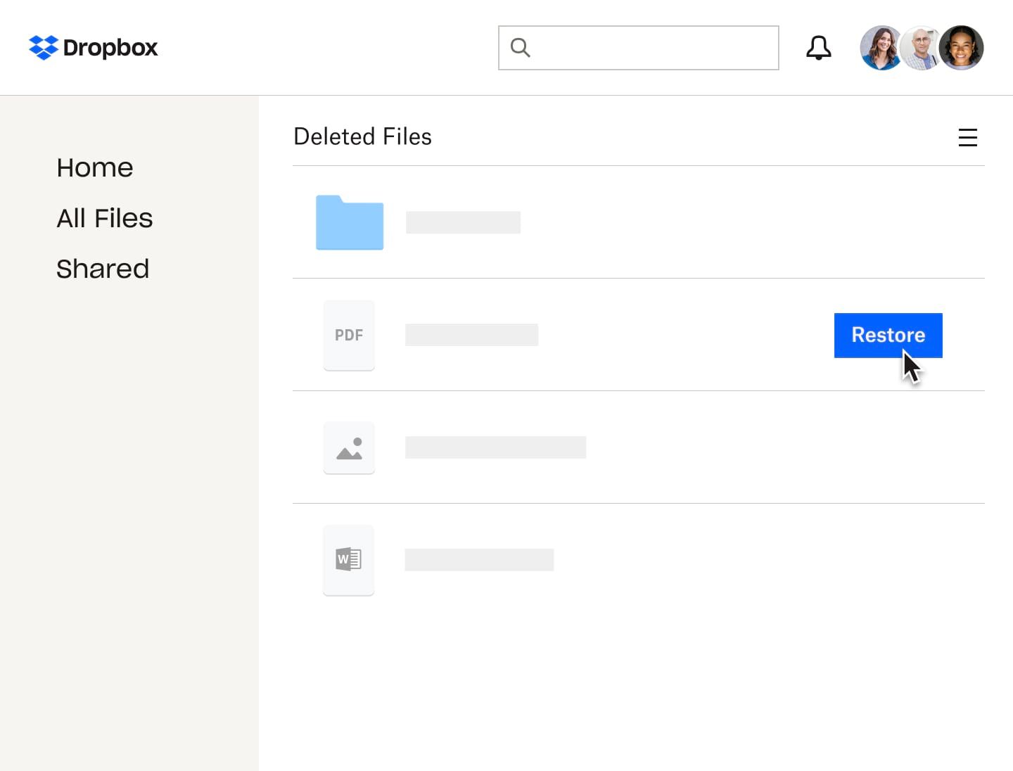 User restoring a deleted PDF in Dropbox
