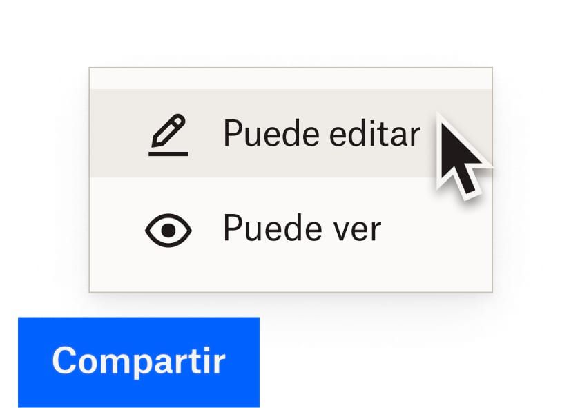 El usuario selecciona permisos de edición para un archivo de Dropbox con un vínculo para compartir de color azul