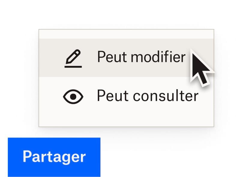 Utilisateur sélectionnant les autorisations de modification d'un fichier Dropbox avec un lien de partage bleu