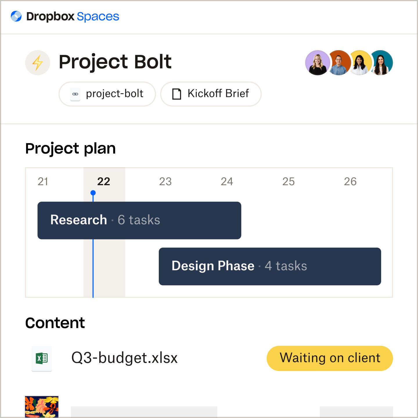 Screenshot of “Project Bolt” with project plan and linked content in Dropbox Spaces