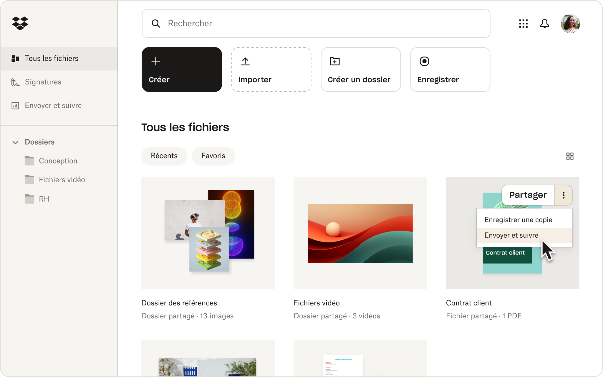 Image de l’interface utilisateur Dropbox affichant la fonctionnalité « Envoyer et suivre » pour les fichiers stockés dans le compte Dropbox