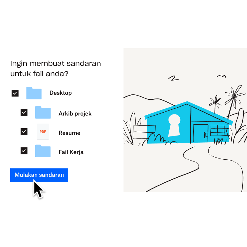 Ilustrasi rumah biru di sebelah senarai fail dan folder yang sedang dipilih untuk ditambahkan pada Dropbox Backup