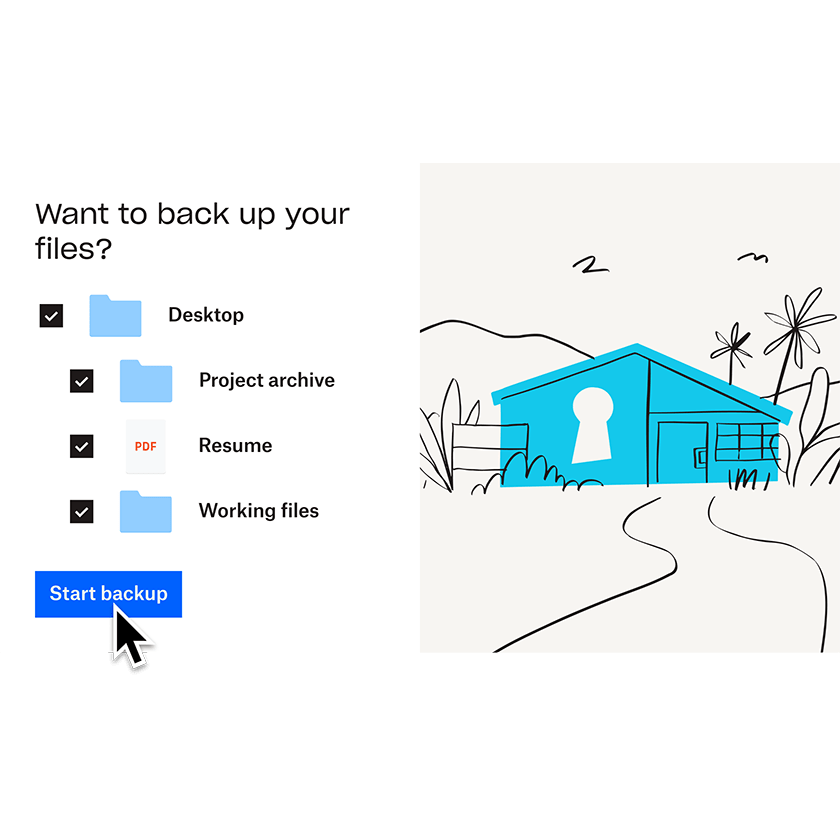 An illustration of a blue house next to a list of files and folders that are being selected to add to Dropbox Backup