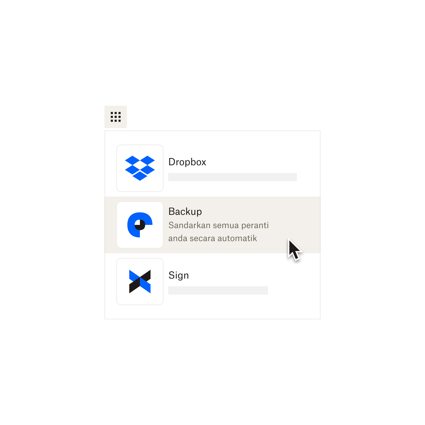Tetikus komputer melayang di atas menu pilihan tiga pilihan produk dan memilih Backup