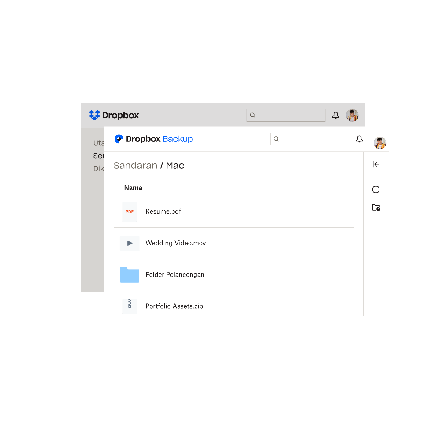 Senarai fail pada Mac pengguna yang disandarkan dalam Dropbox Backup