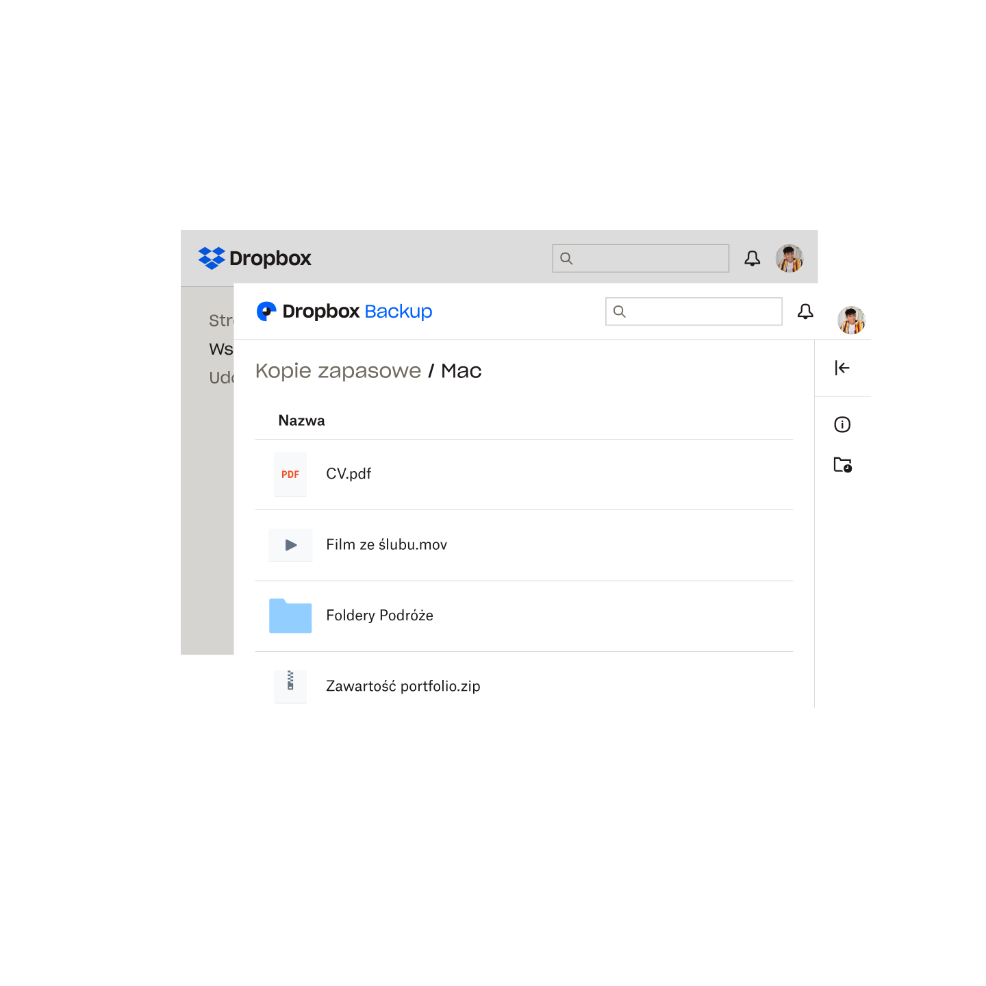 Lista plików na Macu użytkownika, których kopie zapasowe są tworzone w Dropbox Backup