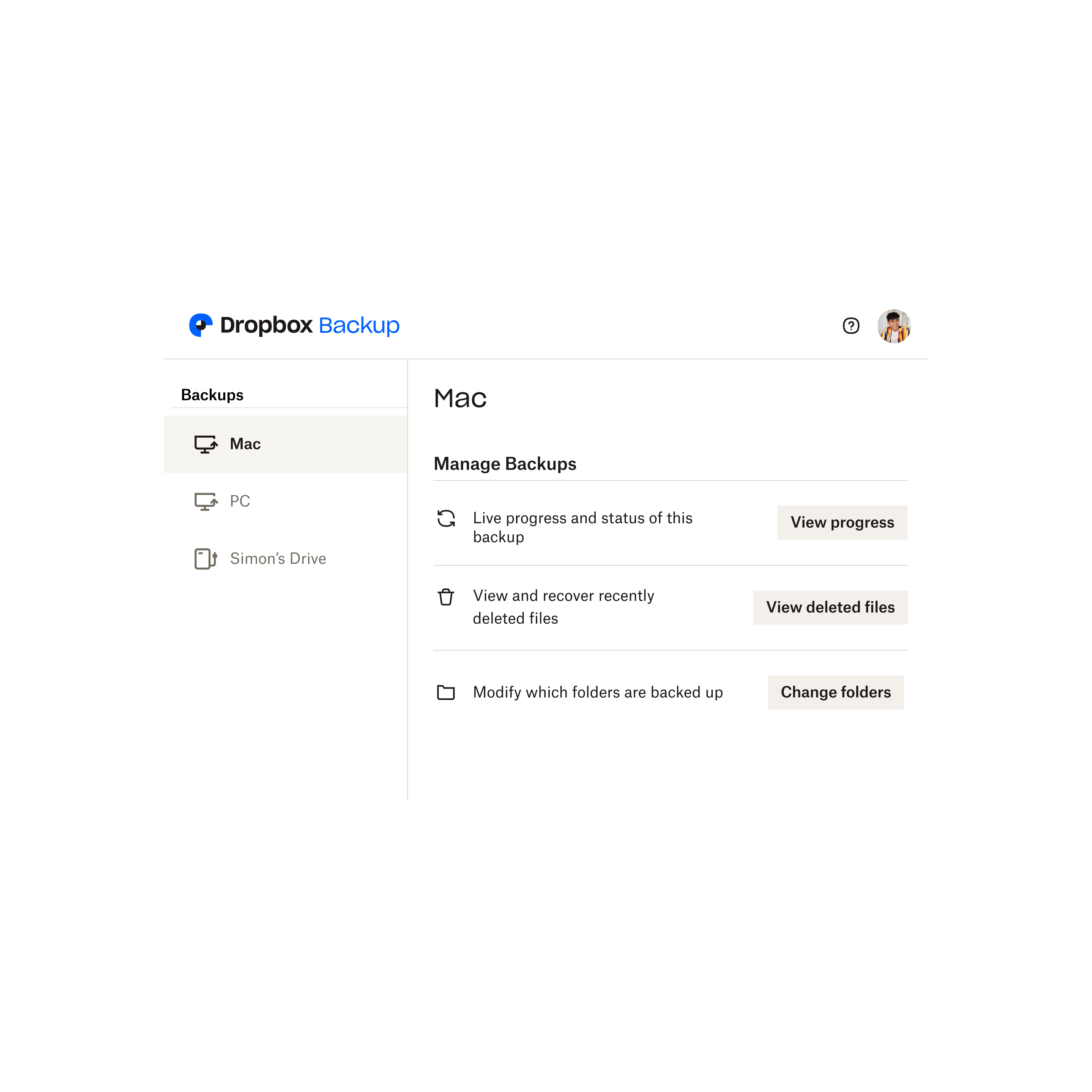 The menu for Dropbox Backup management that includes the ability to view backup status, view and recover deleted files, and to change which folders are backed up