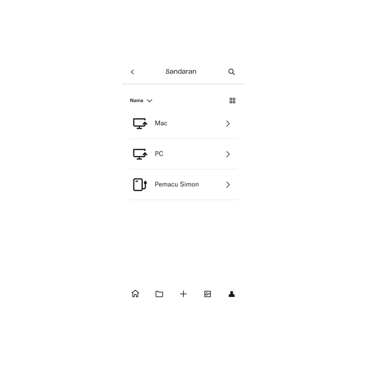Senarai peranti dan pemacu keras pengguna yang sedang disandarkan dalam Dropbox Backup seperti yang dilihat pada peranti mudah alih