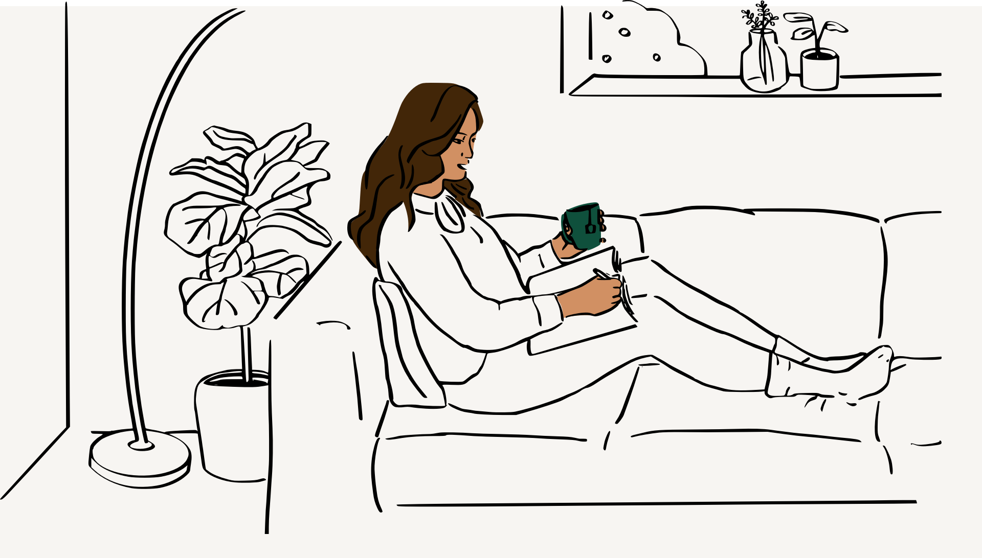 An illustration of a woman sitting on a couch, holding a mug and writing in a journal