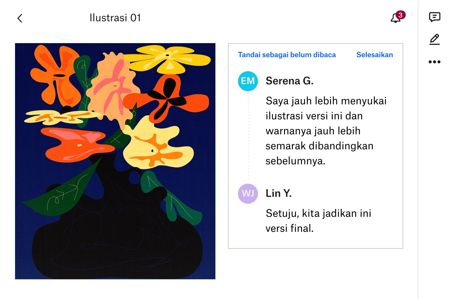 Gambar komentar dari anggota tim yang telah ditambahkan ke file untuk kolaborasi yang mudah