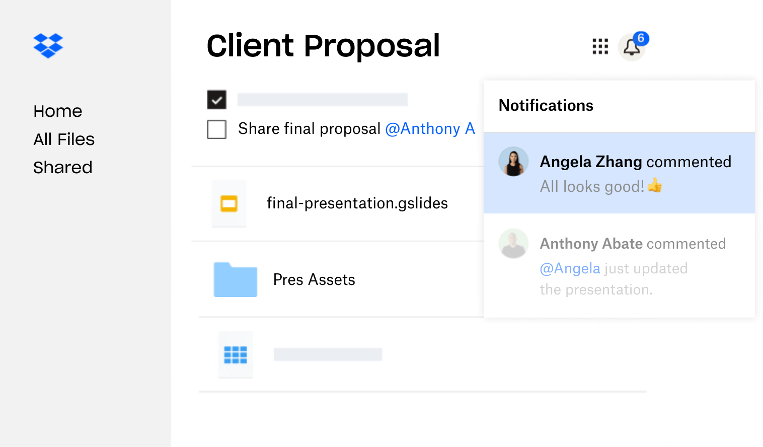 A client proposal created in Dropbox is shared with multiple users who have left feedback.