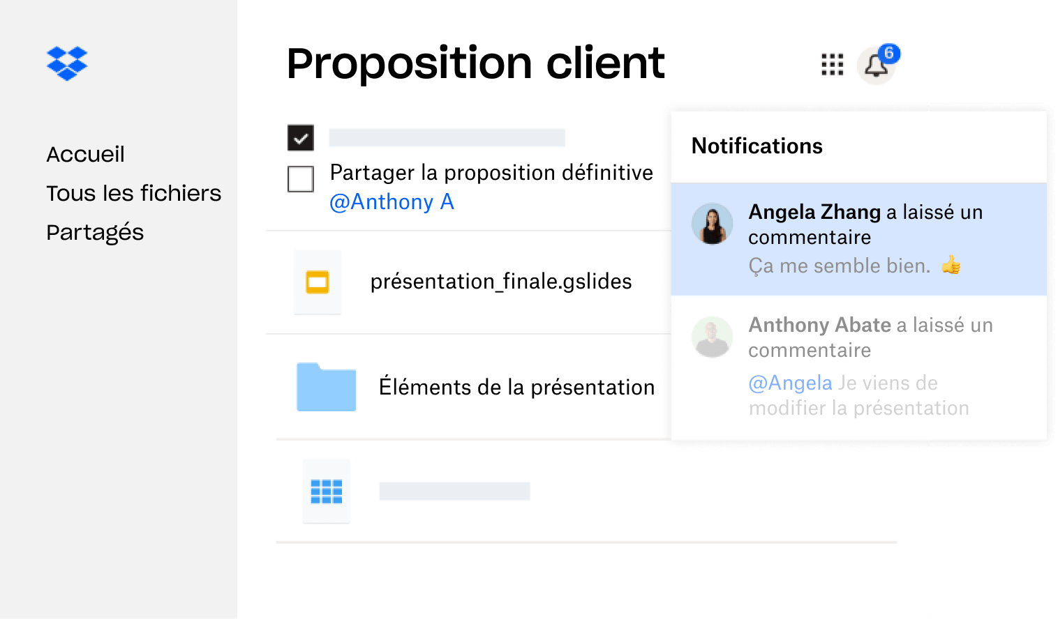 Une proposition client créée dans Dropbox est partagée avec plusieurs utilisateurs qui ont laissé des commentaires.