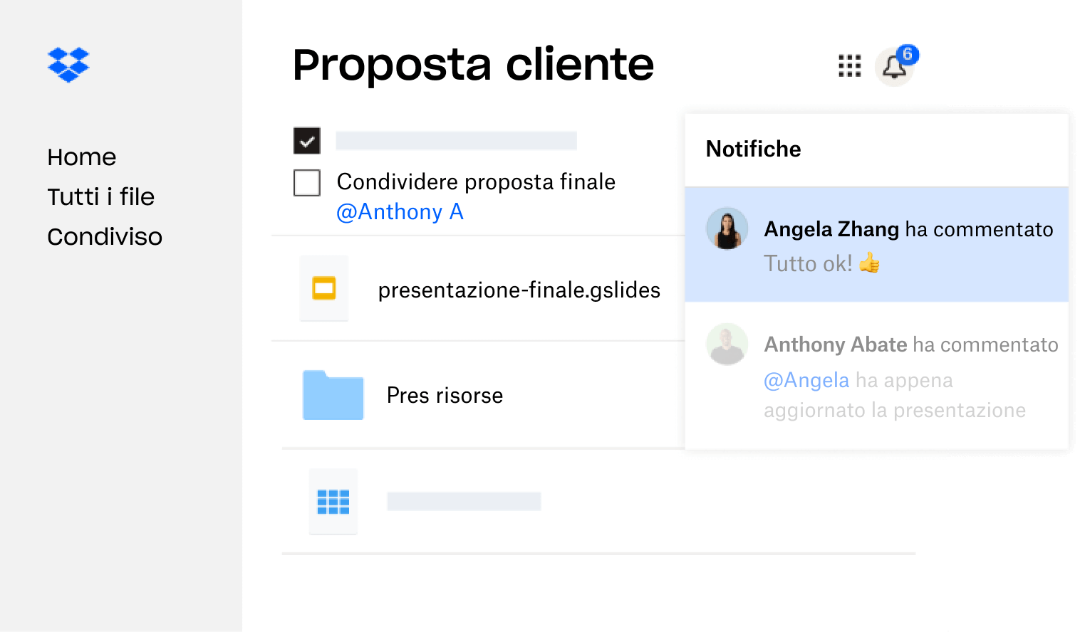 Una proposta per un cliente creata in Dropbox è stata condivisa con più utenti che hanno lasciato un feedback.