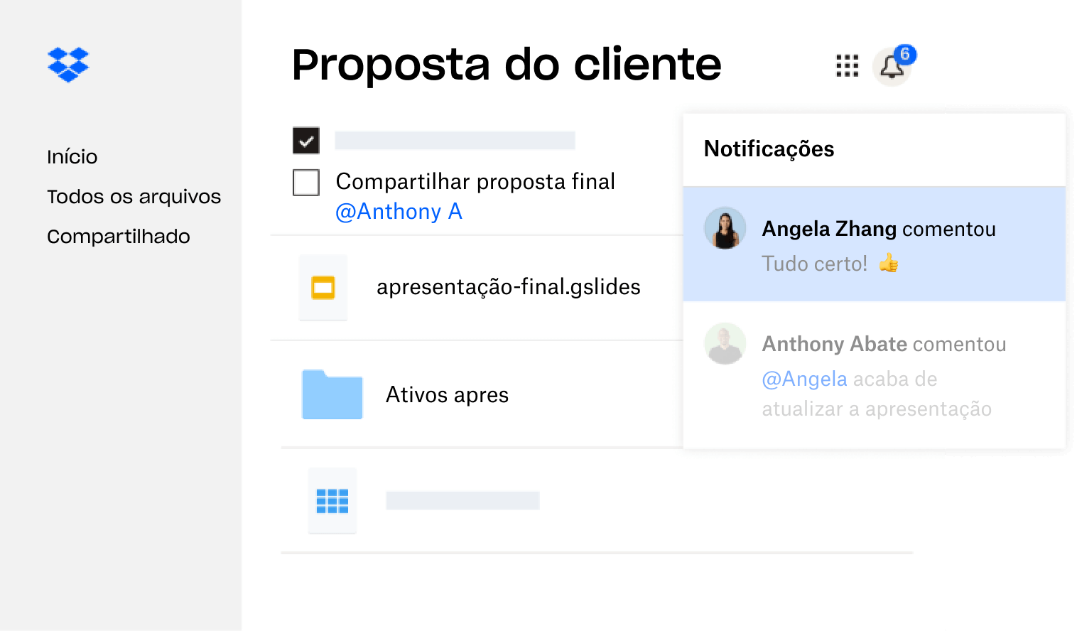 Uma proposta de cliente criada no Dropbox é compartilhada com vários usuários que deixaram comentários.
