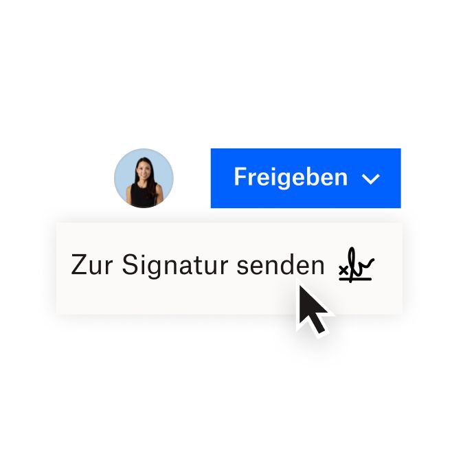 Eine Dropbox-Oberfläche mit Optionen zum Teilen eines Dokuments mit Dropbox oder zum Senden eines Dokuments zur elektronischen Signatur mit Dropbox Sign