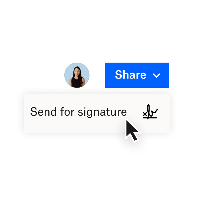 A Dropbox interface showing options to share a document with Dropbox or send a document for an electronic signature with HelloSign