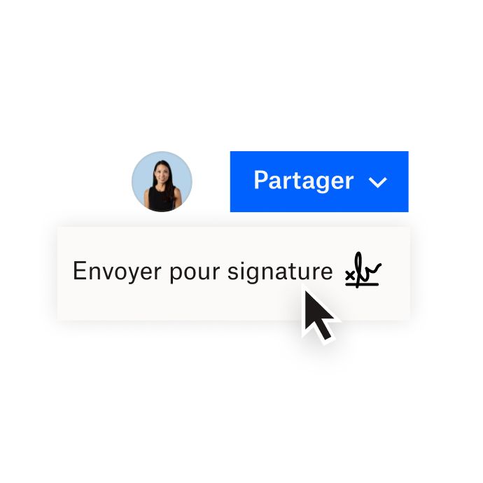 Interface Dropbox montrant des options pour partager un document avec Dropbox ou envoyer un document pour signature électronique avec Dropbox Sign