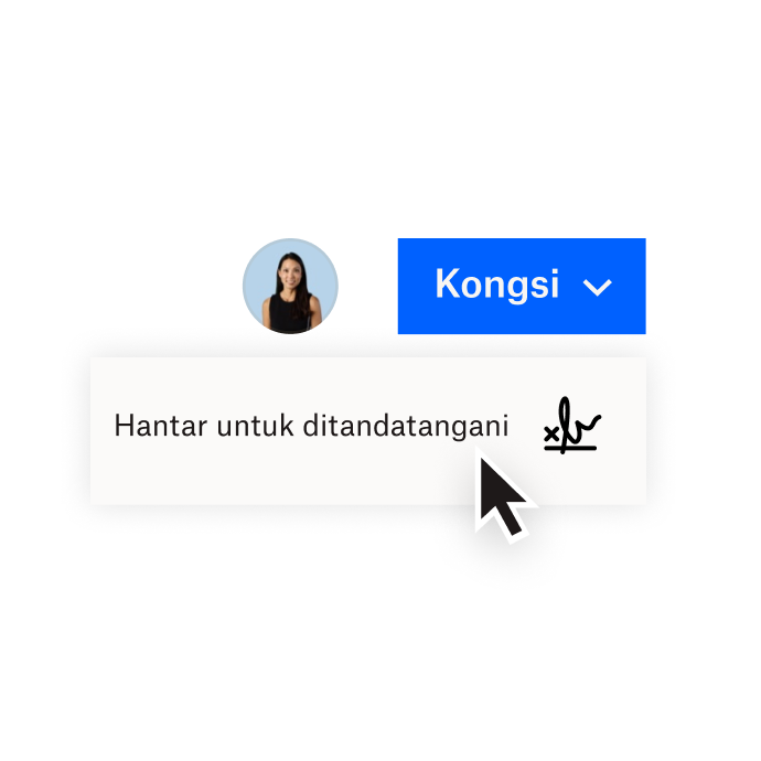Antara muka Dropbox yang menunjukkan pilihan untuk berkongsi dokumen dengan Dropbox atau menghantar dokumen untuk mendapatkan tandatangan elektronik dengan HelloSign