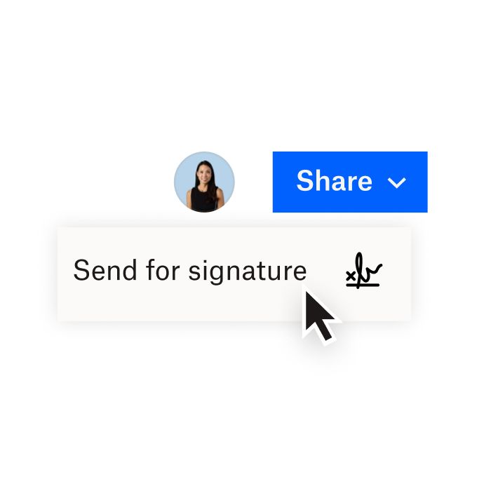 Una interfaz de Dropbox que muestra opciones para compartir un documento con Dropbox o enviar un documento para colocarle una firma electrónica con HelloSign