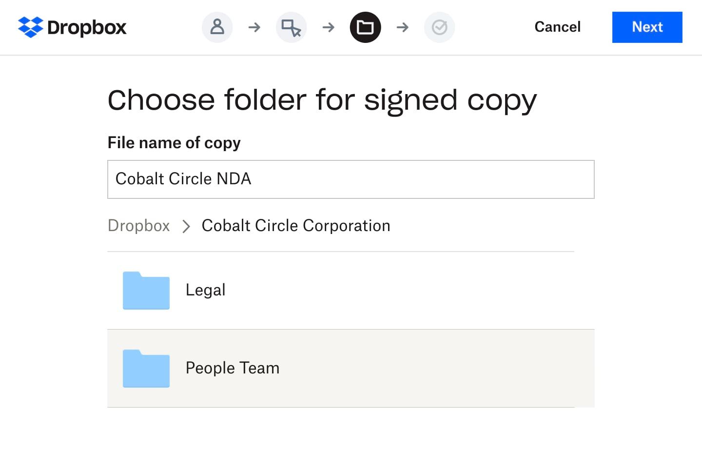 A user selecting a folder in Dropbox where a digital version of a signed NDA form will be stored