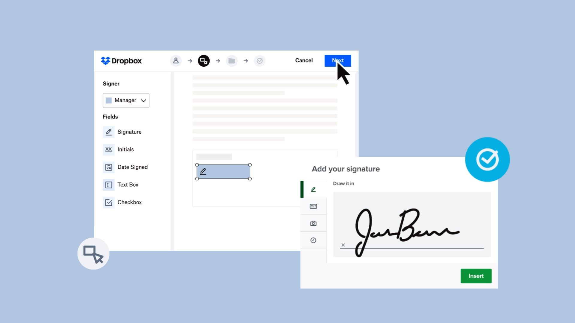 An e-signature is added to a document in Dropbox