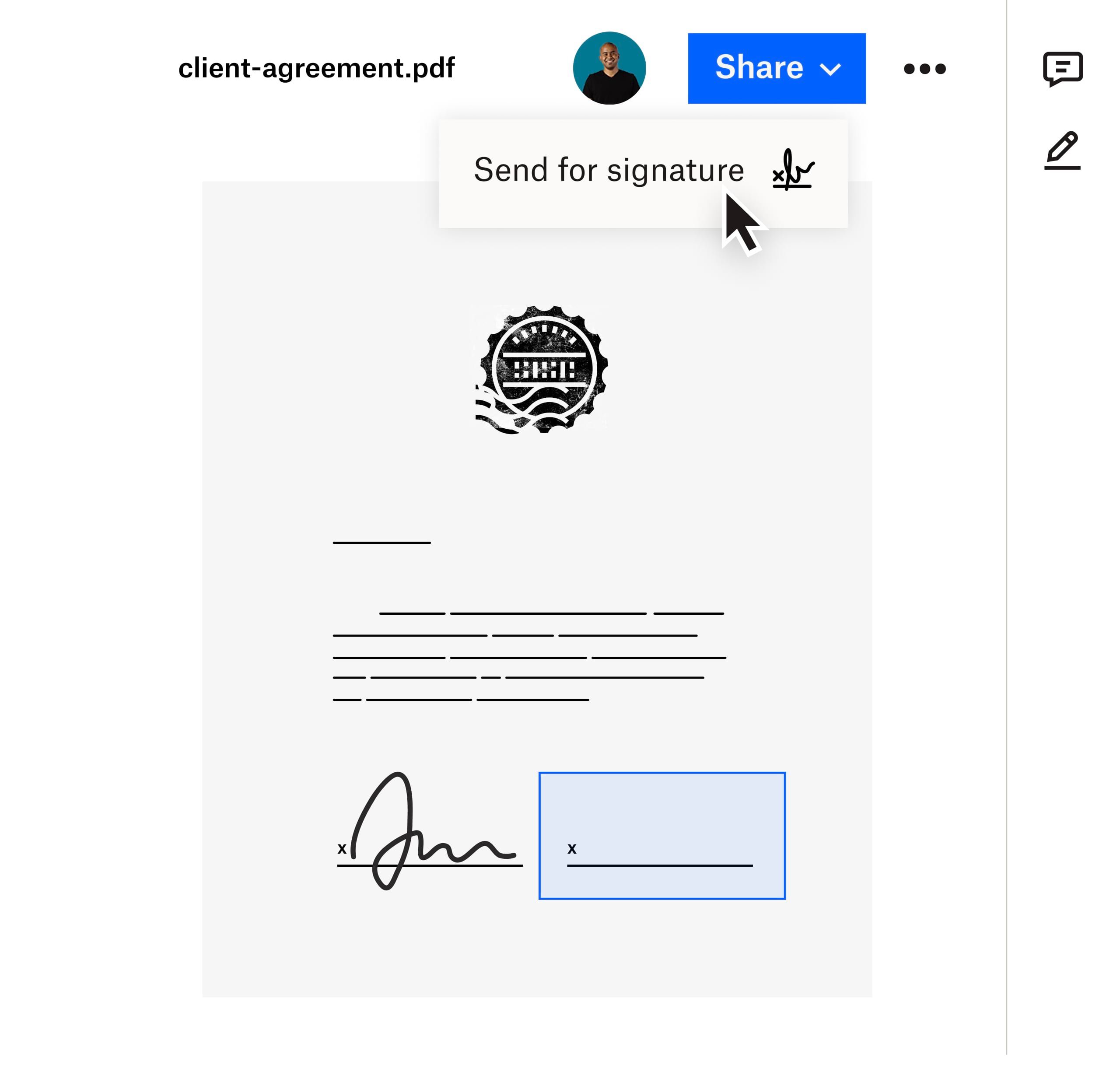 A user clicking on the Send for Signature option in the Share dropdown within the Dropbox interface