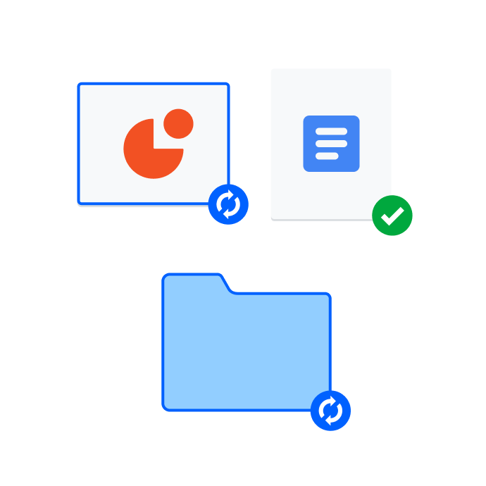 Grupo de carpetas y archivos con iconos azules y verdes que indican el estado de la sincronización.